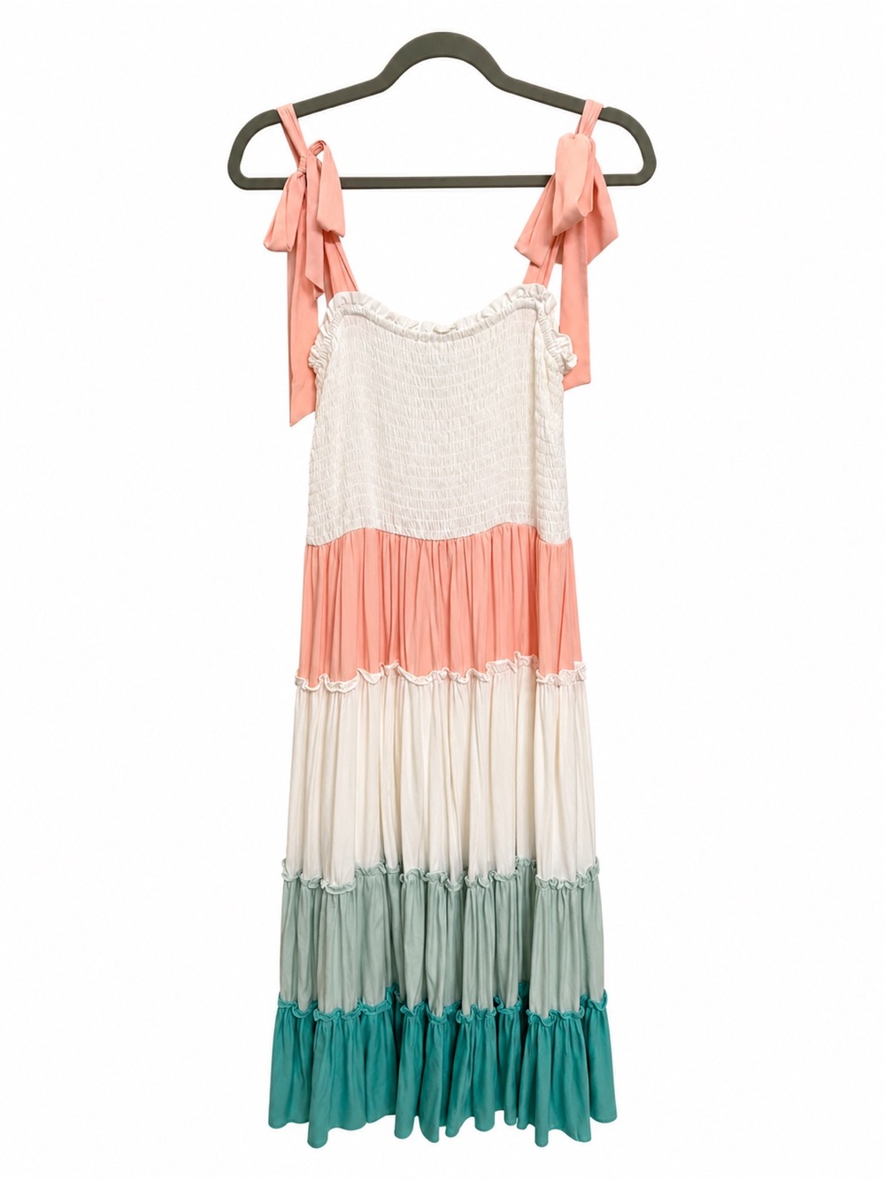 She + Sky Colorblock Tiered Midi Dress Medium Boho Tie Strap Smocked Sundress - Picture 1 of 3